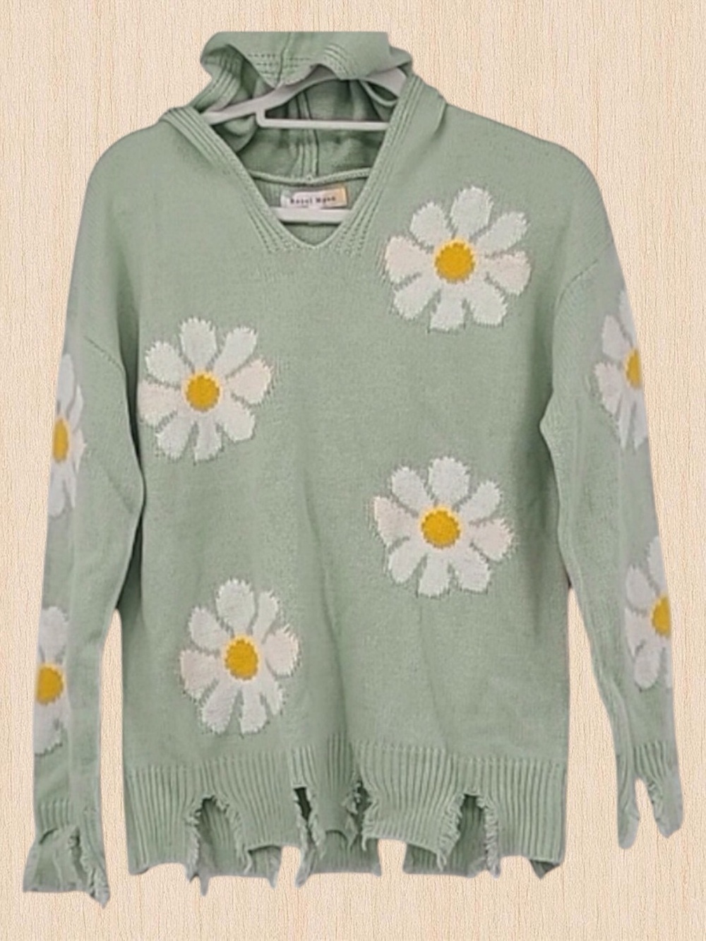 Hazel Moon Daisy Distressed Cropped Hoodie Sweater 3X Mint Green